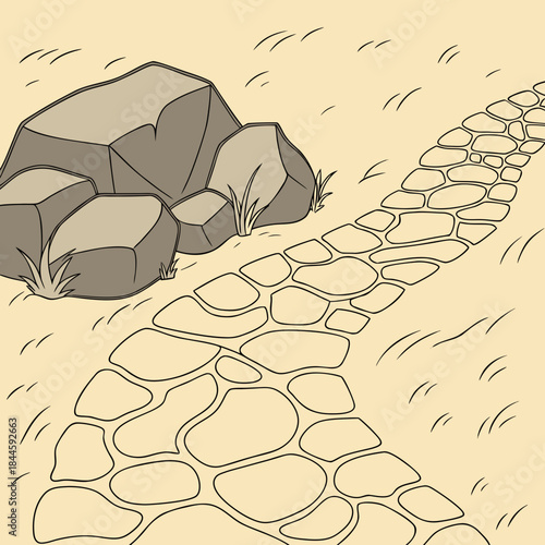 A winding stone pathway leads past a cluster of large rocks and sparse grass against a warm light brown background with subtle line details suggesting movement or wind