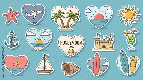 Collection of Travel and Honeymoon Symbols Including Hearts, Beaches, and Boats.