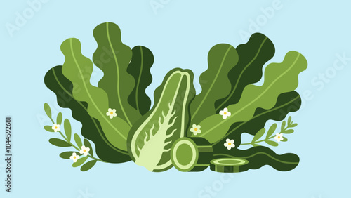 Fresh leafy greens and vegetables with herbs and floral accents for healthy