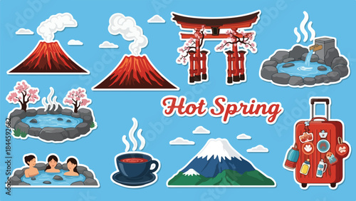 Hot Spring Scene Featuring Mount Fuji and Traditional Elements in Japan.