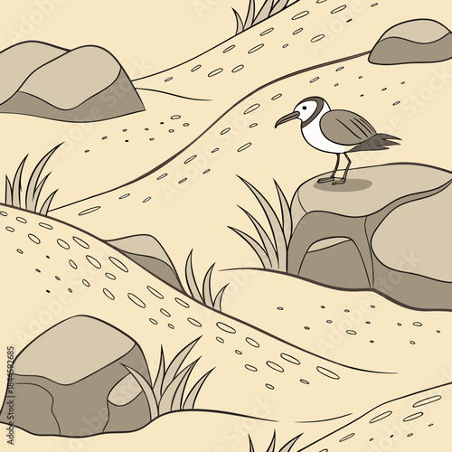 A charming cartoon illustration of a small bird standing on a rock in a sandy landscape with sparse grass and pebbles scattered across the rolling dunes