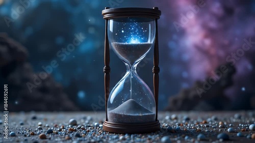 Hourglass with celestial sand on a cosmic background symbolizing time and destiny