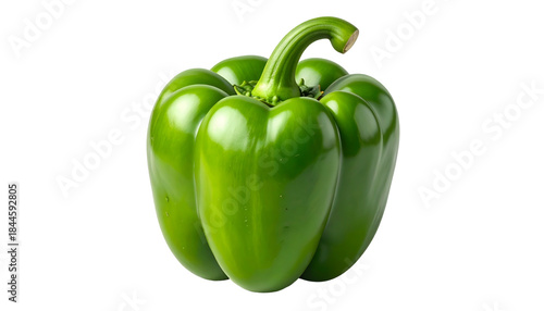 A vibrant, glossy green bell pepper isolated on a solid black background, showcasing details