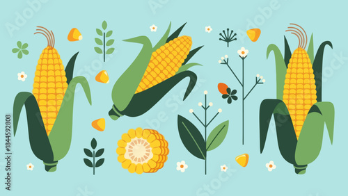 Vibrant illustration of corn cobs and blooming flowers on a light blue