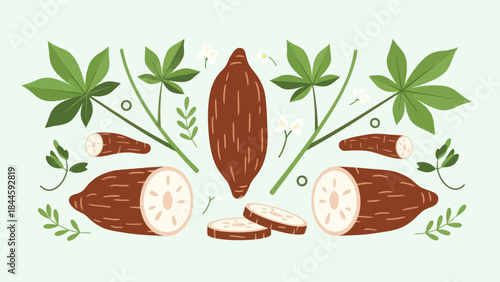 Illustration of plant-based yam and green foliage with sliced yam pieces