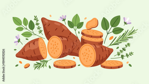 Delicious roasted sweet potatoes with herbs and natural garnishes