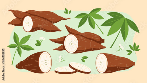 Freshly harvested taro roots with vibrant green leaves and slices for culinary