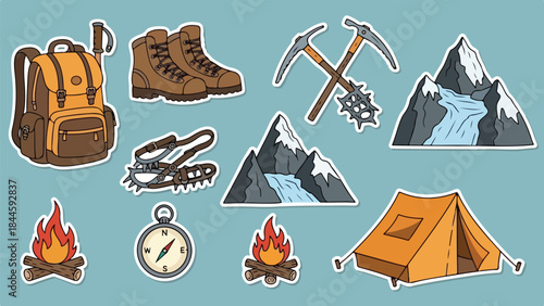 Outdoor adventure gear and mountain camping scene with hiking, climbing, and camping equipment.