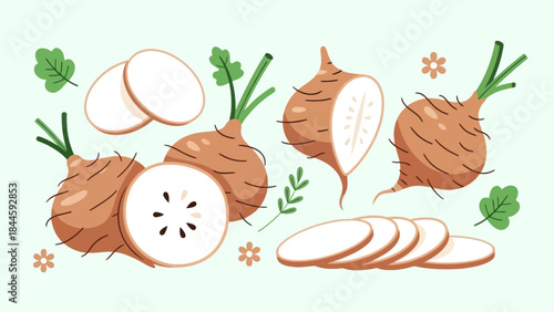 Fresh stylized yams with plant leaves and sliced pieces on a light background