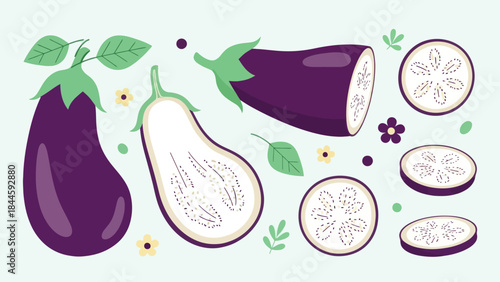 Stylized illustration of eggplant and sliced eggplant with leaves and flowers