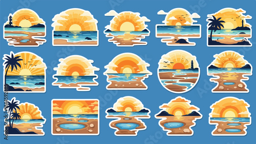 Set of sunny sunrise and sunset landscape illustrations with various sky and weather conditions.