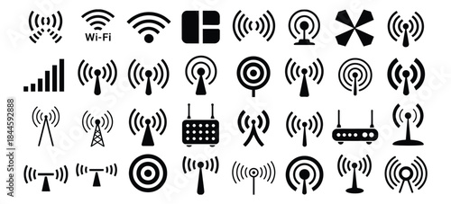 Wireless Signal Icons modern vector illustration showing wifi antenna radio transmission and audio wave symbols perfect for tech branding network communication apps and multimedia graphic design