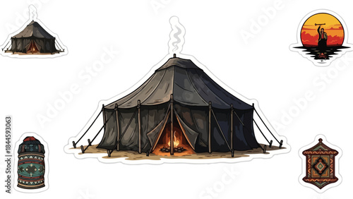 Vintage-style camping tent with lantern and accessories for outdoor adventure activities.