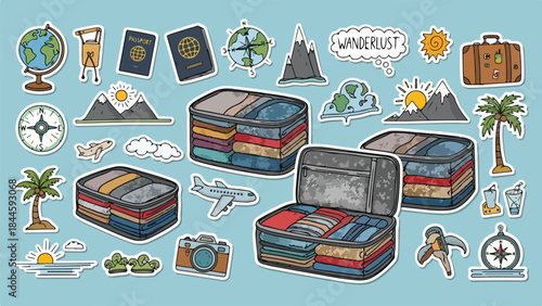 Collection of Vintage Travel and Adventure Icons in a Playful Pattern.