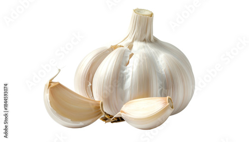 Close-up of a whole garlic bulb with two cloves separated. Neutral background