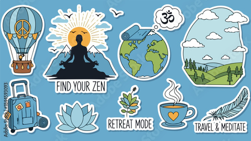 Inspirational Meditation and Travel Theme with Earth, Lotus, and Journey Symbols.