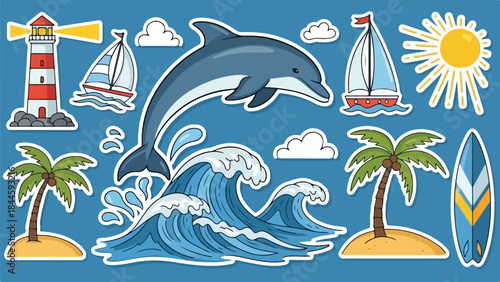 Dynamic ocean scene featuring a dolphin jumping over waves on a sunny day with sailboats and palm trees.