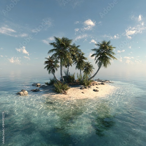 A small, serene tropical island surrounded by calm ocean water. 