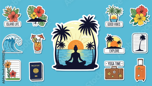 Serene Meditation Scene with Sunset, Yoga Pose, and Tropical Environment for Wellness.