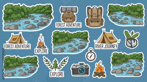 Collection of Adventure and Nature Scene Icons Featuring Forest, River, and Camping Elements.