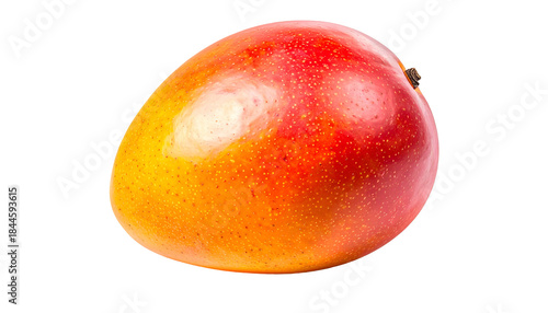 A ripe, colorful mango with a gradient of yellow, orange, and red against a black background