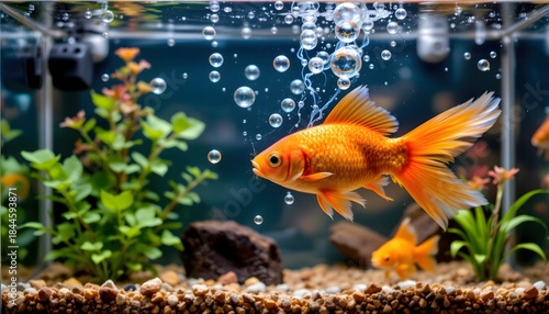 Colorful Goldfish Swimming Gracefully in a Vibrant Aquarium with Bubbles and Green Plants
