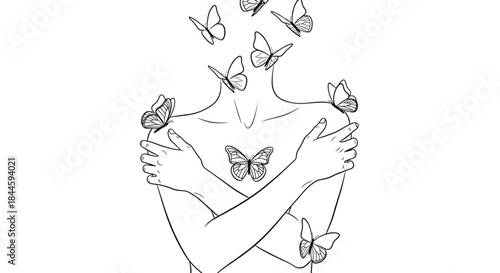 Minimalist Line Art Woman Hugging Self Surrounded By Butterflies For Self-Care Healing