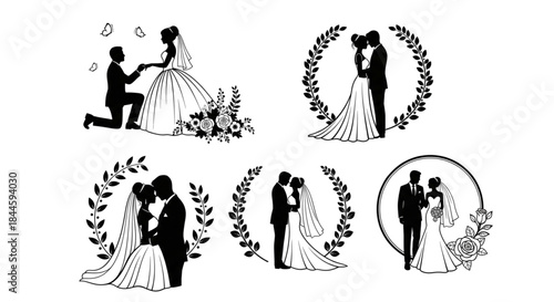 Wedding Silhouette Icons Set Bride Groom Love Vector Graphics for Invitations Design