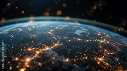 Earth at Night with Glowing City Lights from Space, Global Connectivity and Digital World Concept