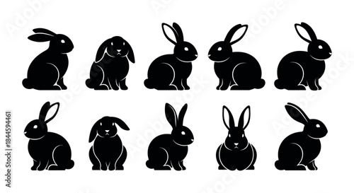 Vector collection of six diverse sheep silhouettes, captured in various standing, grazing, and resting postures, rendered in solid black for farm animal themes and agricultural design elements