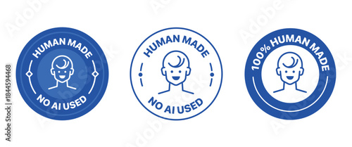 Human made badge set. It includes No AI used, made by human, logo, sign, symbol and sticker