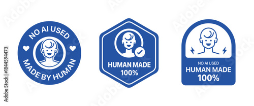 Made by human badge set. It includes human made, No AI used, logo, sign, symbol and sticker