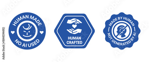 Human made badge set. It includes No AI used, made by human, logo, sign, symbol and sticker
