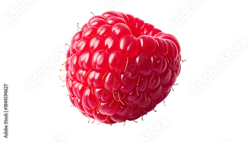 A ripe, vivid red raspberry, detailed texture, against a stark black background