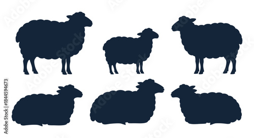 Collection of six dark blue sheep silhouettes on a white background, depicting farm animals in various standing and lying poses