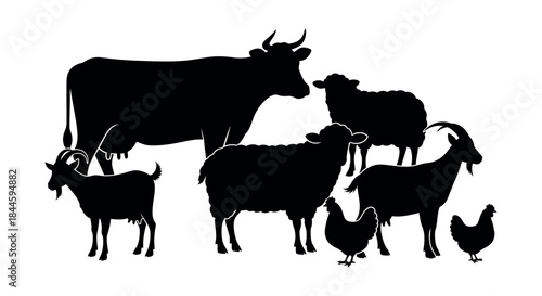 Silhouette collection of farm animals including a cow, sheep, goats, and chickens, representing livestock and agriculture