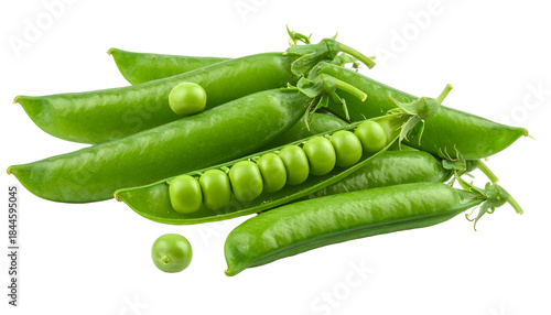 Fresh, vibrant green peas in pods, some opened to reveal the round seeds