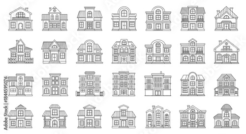 House and Building Facades Line Art Icons Set Residential and Commercial Architecture Outline Drawing Vector Collection