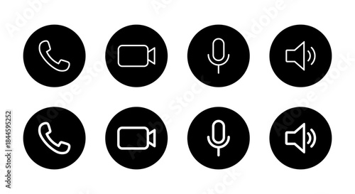Phone call, video, microphone, and speaker outline icon in black circle. Handset, camera, mic, and volume symbol