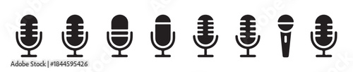 Extensive collection of black microphone icons featuring multiple designs for audio recording and voice input