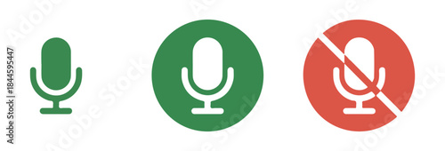 Three microphone icons showing different states a simple green microphone a green circle with microphone and a red circle with a muted microphone
