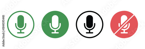 Four distinct microphone icons in circular frames, showing active, muted states in green, red, and black colors