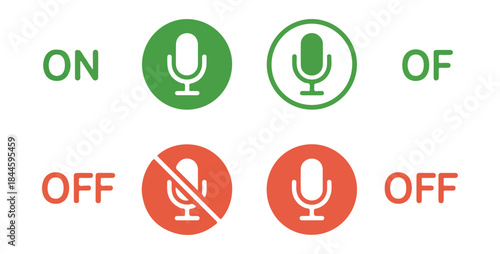 Collection of microphone icons showing on and off states in green and red with text indicating status
