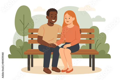 A Diverse Couple Sitting on a Park Bench Holding Hands Enjoying a Sunny Day with Lush Green Trees in the Background
