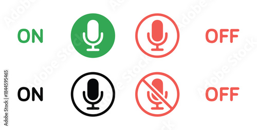 Set of microphone icons demonstrating on and off functionality in green red and black colors with labels