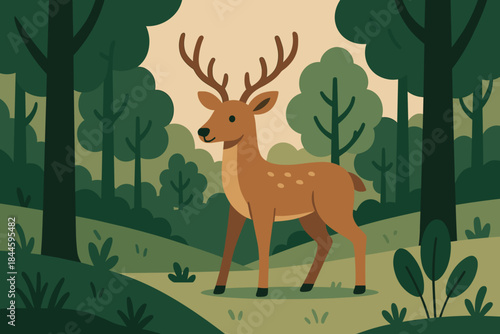A Stag Stands Proudly in a Pixelated Forest with Green Trees and a Light Brown Background
