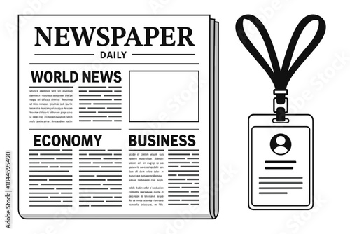 Black and white flat vector illustration of a daily newspaper with headlines for world news and economy alongside a professional press ID card lanyard for journalism and media concepts.