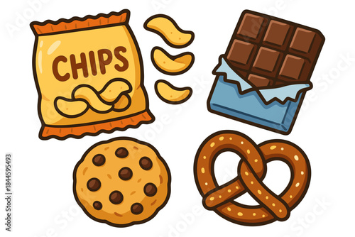 Assortment of pixelated junk food including chips chocolate bar cookie and pretzel against a stark black background with no discernible lighting