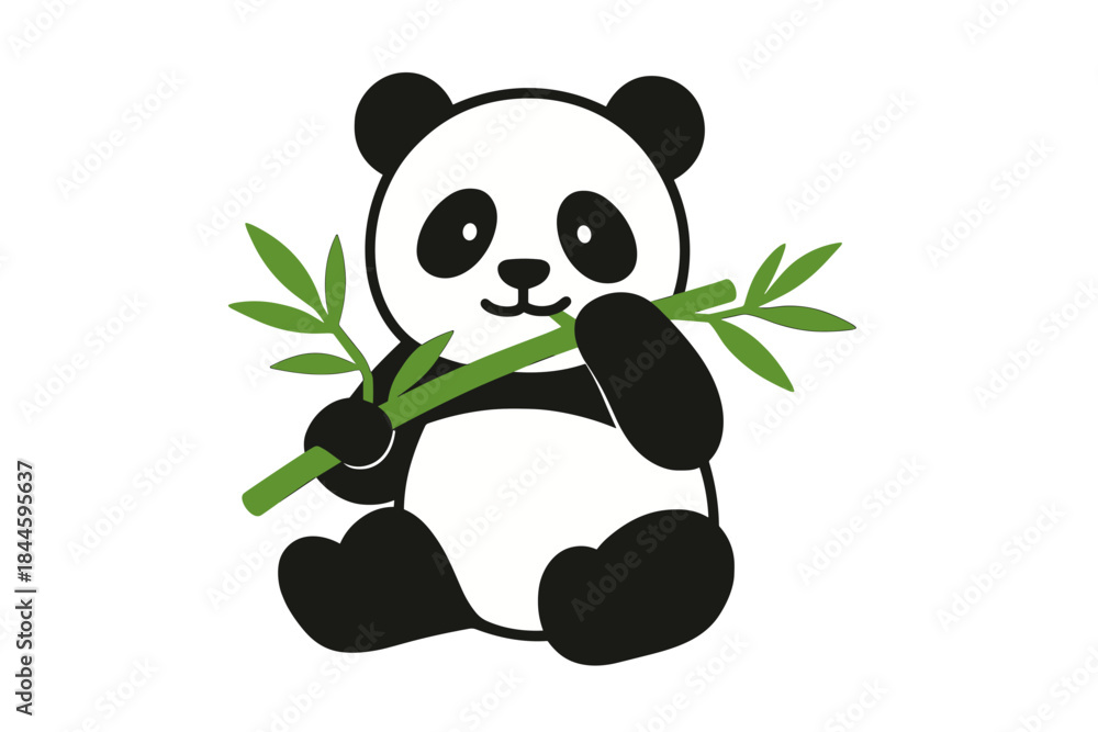 Obraz premium Cute Cartoon Panda Sitting and Eating Bamboo Leaves Illustration with Black Background and Green Foliage Detail