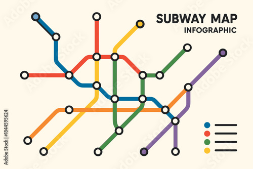 Subway map infographic vector illustration featuring colorful transit lines and station nodes on a clean background, ideal for urban navigation, public transport, and logistics concepts.